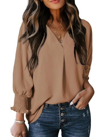 Women's belted V-neck casual loose three-quarter sleeve shirt