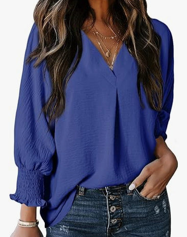Women's belted V-neck casual loose three-quarter sleeve shirt