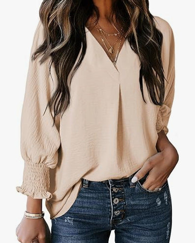 Women's belted V-neck casual loose three-quarter sleeve shirt
