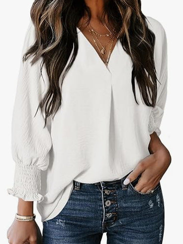 Women's belted V-neck casual loose three-quarter sleeve shirt