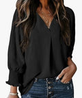 Women's belted V-neck casual loose three-quarter sleeve shirt