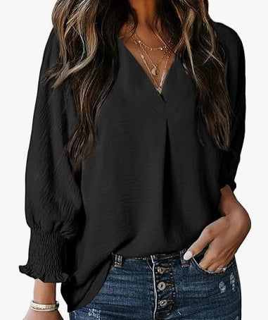 Women's belted V-neck casual loose three-quarter sleeve shirt